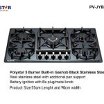 POLYSTAR 8MM 5 BURNER BLACK STAINLESS STEEL 90CM BUILT IN GASHUB