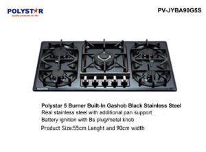 POLYSTAR 8MM 5 BURNER BLACK STAINLESS STEEL 90CM BUILT IN GASHUB