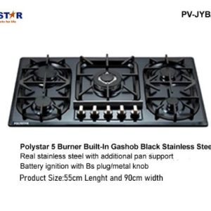 POLYSTAR 8MM 5 BURNER BLACK STAINLESS STEEL 90CM BUILT IN GASHUB